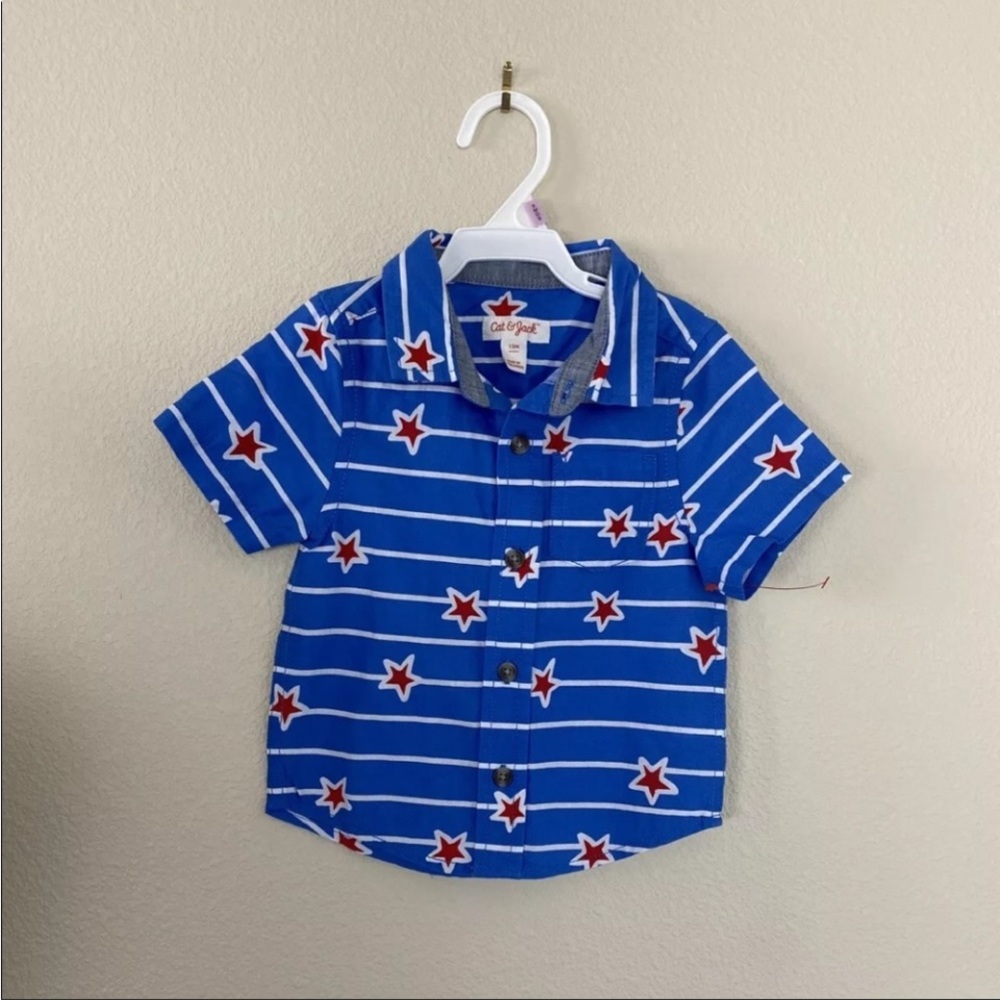 Cat & Jack Button Down Shirt Red White Blue 4th of July Stars Stripes Boys 12M